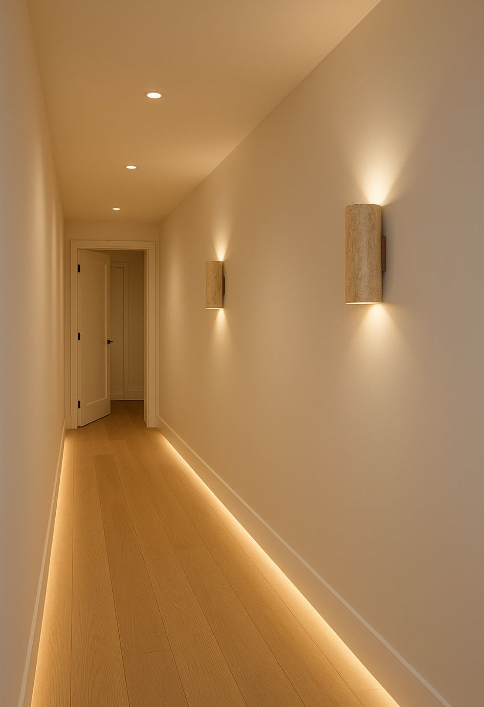 Modern hallway with wall-mounted and ceiling lights in a well-lit room.